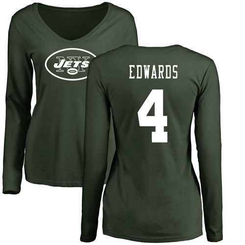 New York Jets Green Women Lac Edwards Name and Number Logo NFL Football #4 Long Sleeve T Shirt